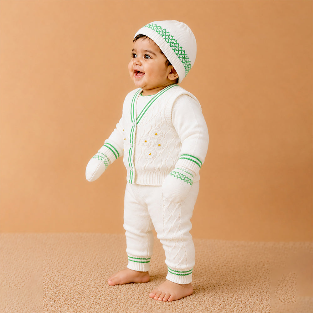 6 PCS Flower Green & Ivory  Premium Knitted Winter Head to bottom Clothing Set for Baby