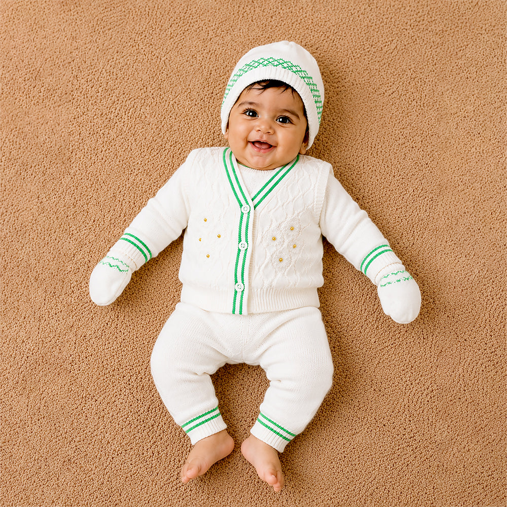 6 PCS Flower Green & Ivory  Premium Knitted Winter Head to bottom Clothing Set for Baby