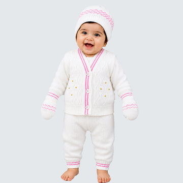 6 PCS Flower  Pink & Ivory Premium Knitted Winter Head to bottom Clothing Set for Baby