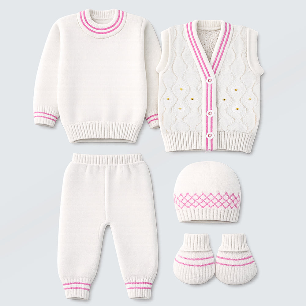 6 PCS Flower  Pink & Ivory Premium Knitted Winter Head to bottom Clothing Set for Baby