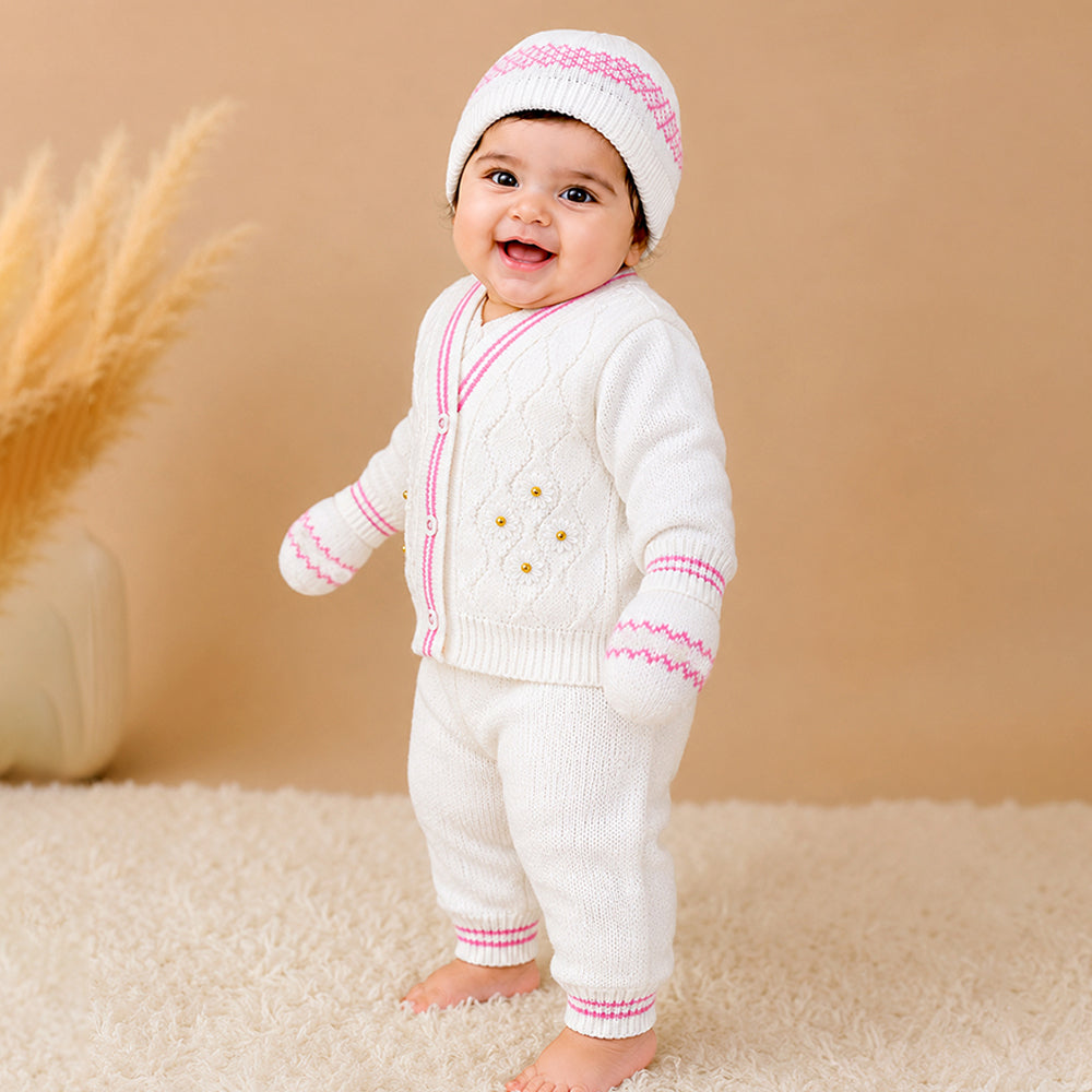 6 PCS Flower  Pink & Ivory Premium Knitted Winter Head to bottom Clothing Set for Baby