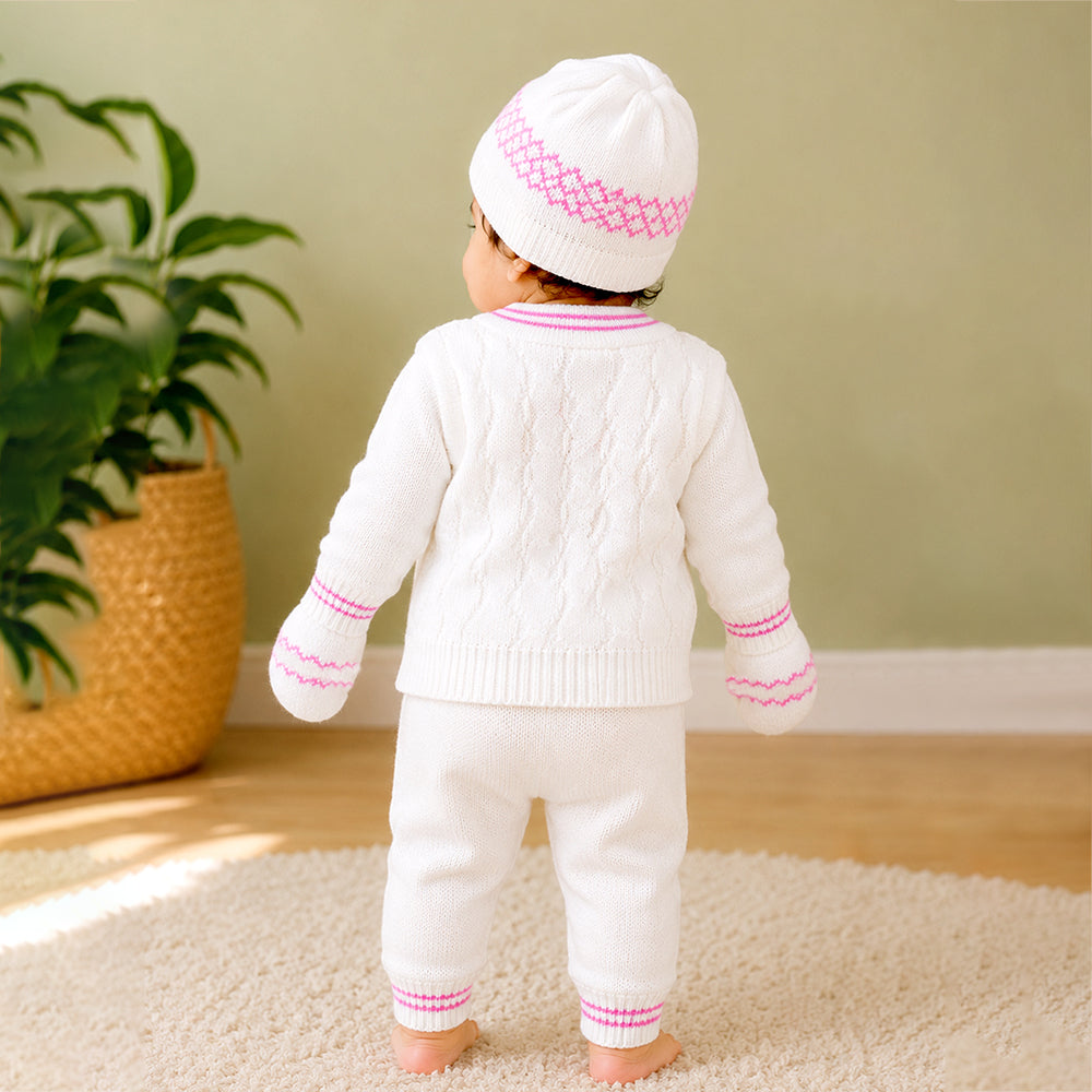 6 PCS Flower  Pink & Ivory Premium Knitted Winter Head to bottom Clothing Set for Baby