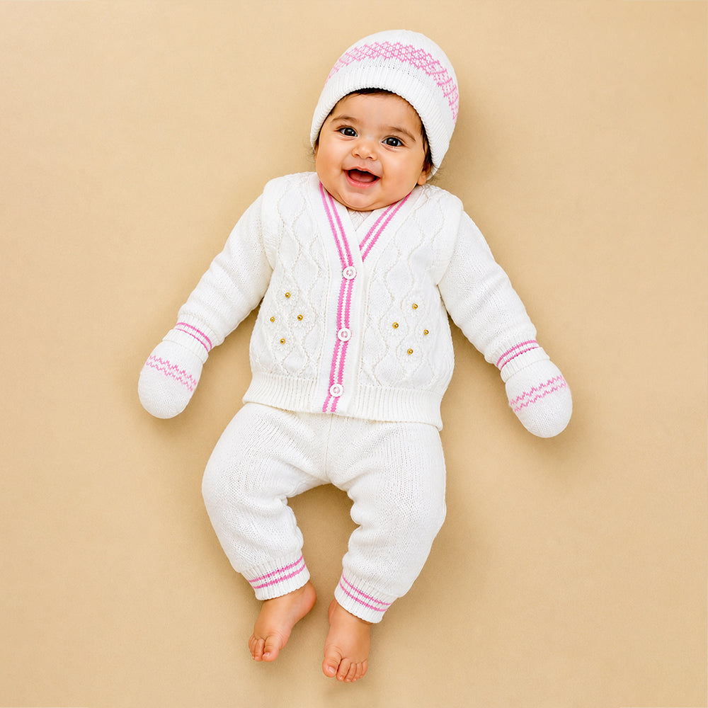 6 PCS Flower  Pink & Ivory Premium Knitted Winter Head to bottom Clothing Set for Baby