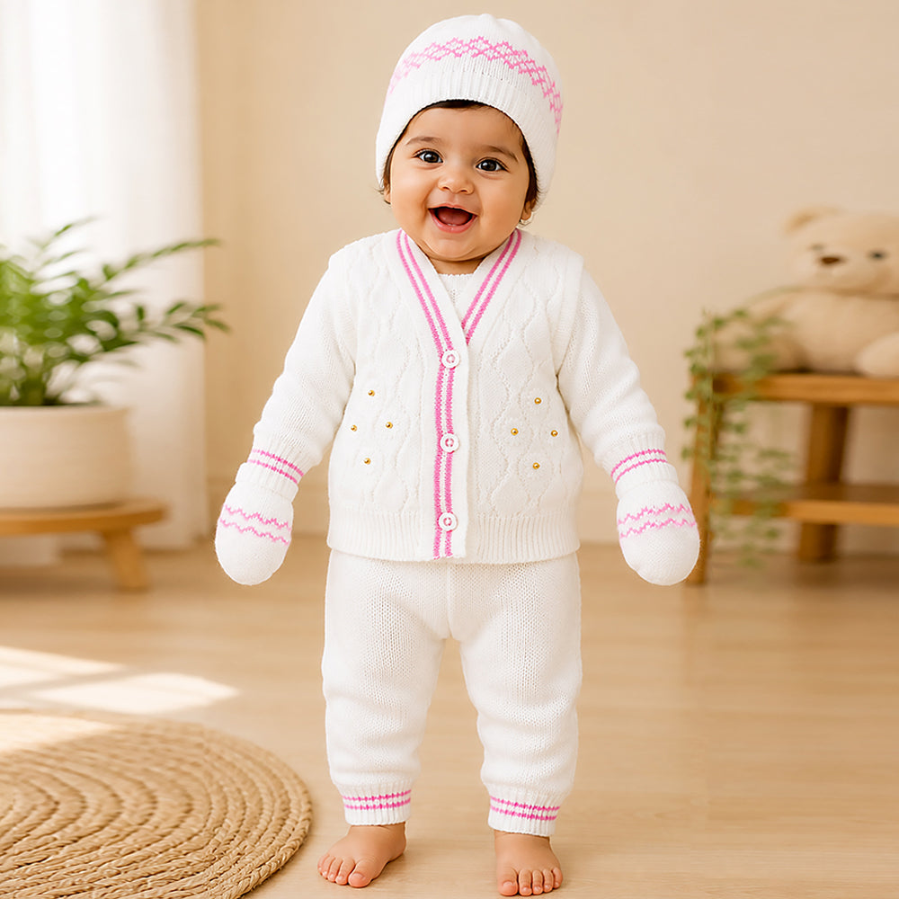6 PCS Flower  Pink & Ivory Premium Knitted Winter Head to bottom Clothing Set for Baby