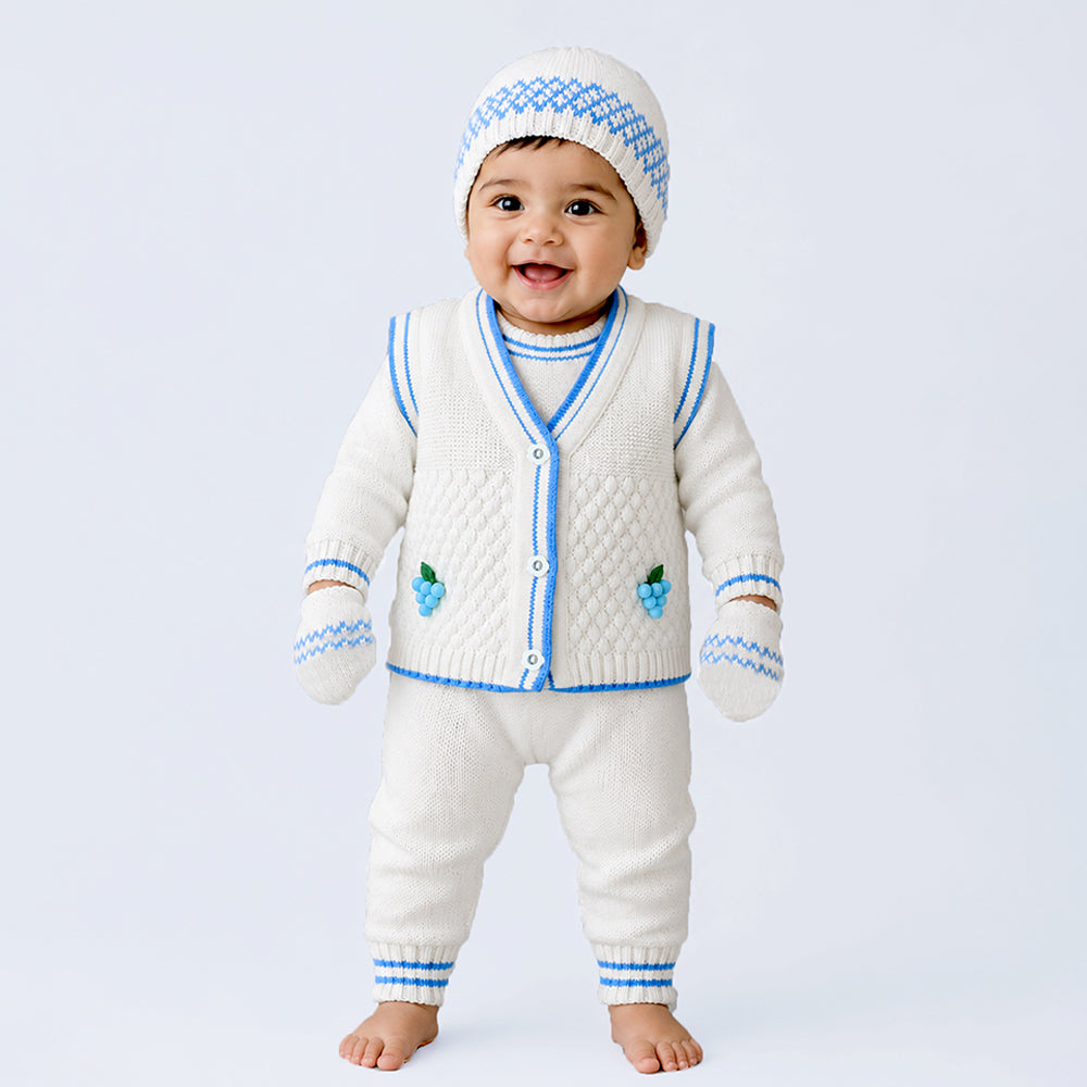 6 PCS Grape  Blue & Ivory Premium Knitted Winter Head to bottom Clothing Set for Baby