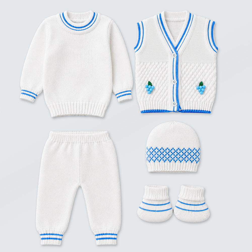 6 PCS Grape  Blue & Ivory Premium Knitted Winter Head to bottom Clothing Set for Baby