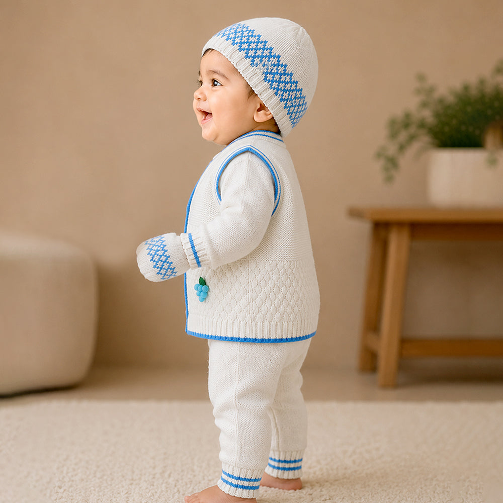 6 PCS Grape  Blue & Ivory Premium Knitted Winter Head to bottom Clothing Set for Baby