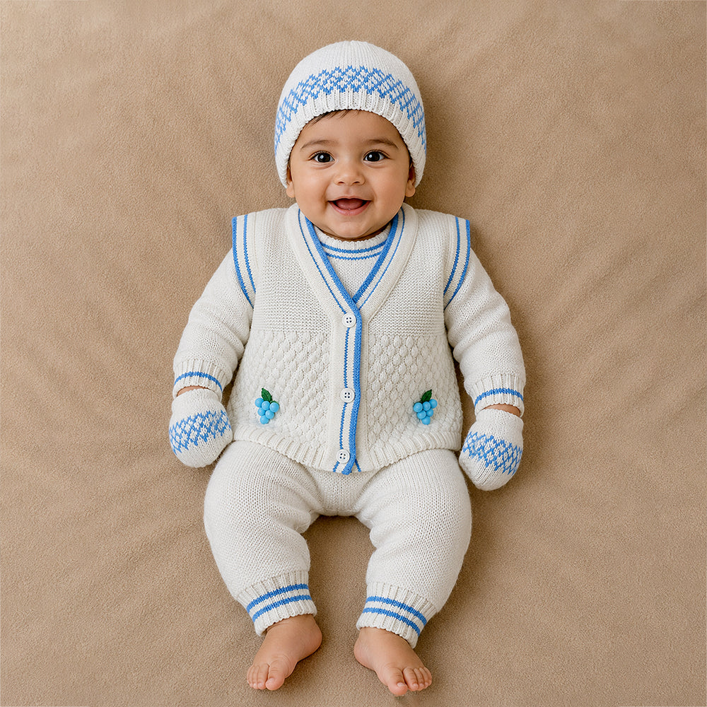 6 PCS Grape  Blue & Ivory Premium Knitted Winter Head to bottom Clothing Set for Baby