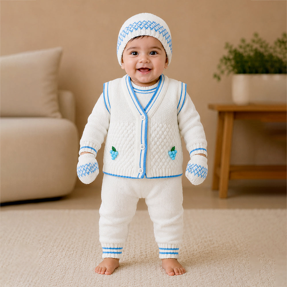 6 PCS Grape  Blue & Ivory Premium Knitted Winter Head to bottom Clothing Set for Baby