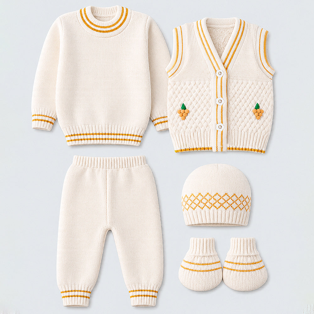 6 PCS Grape  Brown & Ivory Premium Knitted Winter Head to bottom Clothing Set for Baby