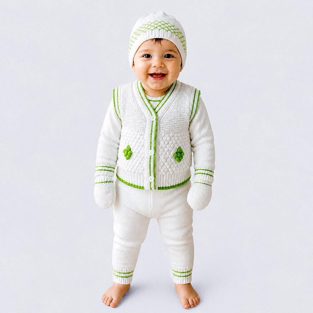 6 PCS Grape Green & Ivory  Premium Knitted Winter Clothing Set for Baby