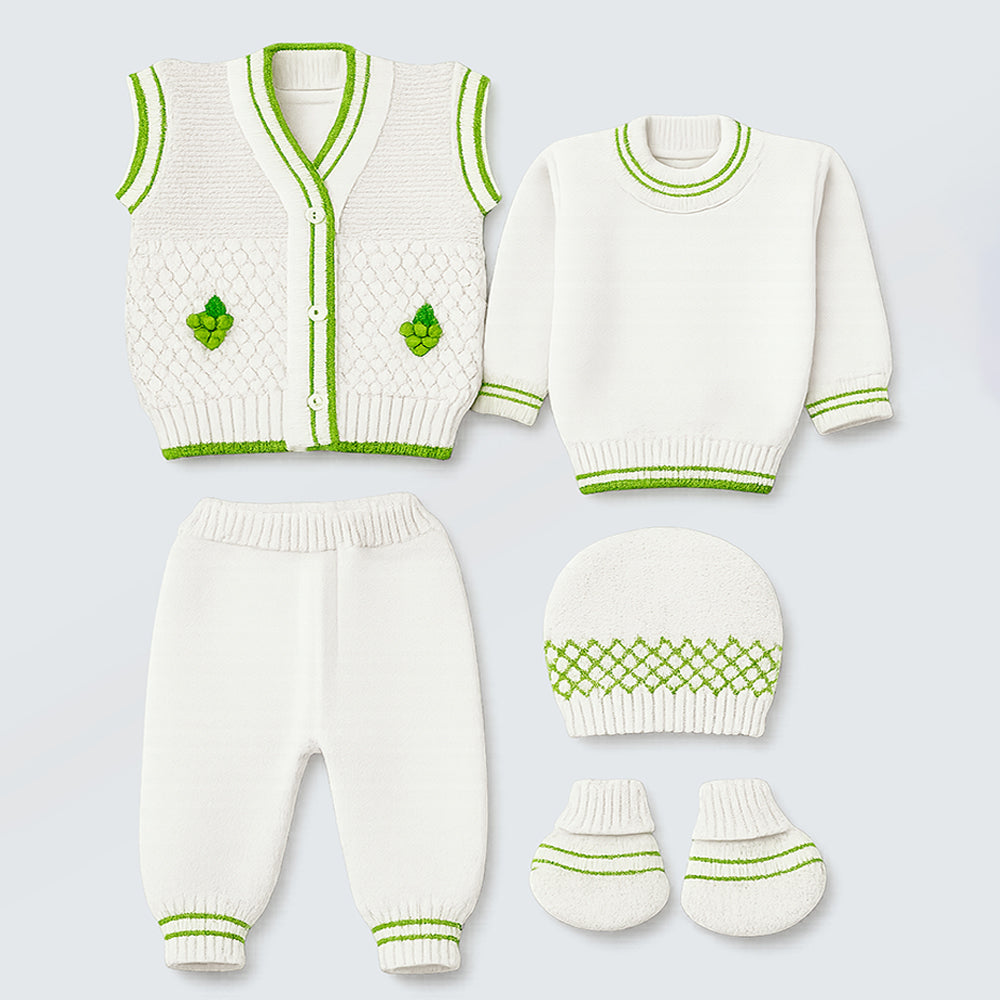 6 PCS Grape Green & Ivory  Premium Knitted Winter Clothing Set for Baby