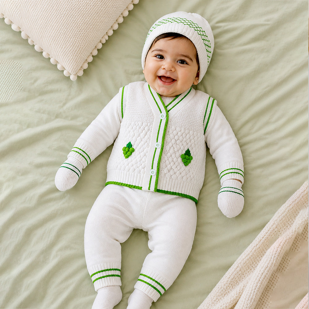 6 PCS Grape Green & Ivory  Premium Knitted Winter Clothing Set for Baby