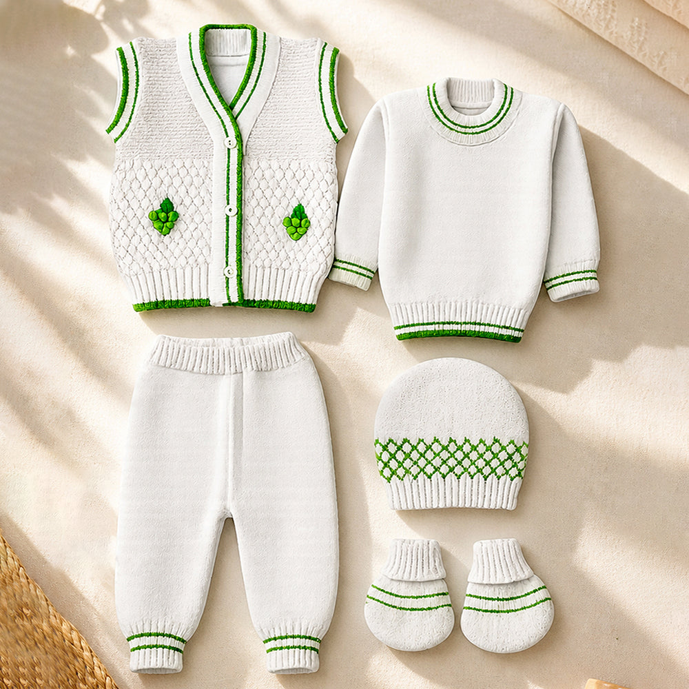 6 PCS Grape Green & Ivory  Premium Knitted Winter Clothing Set for Baby