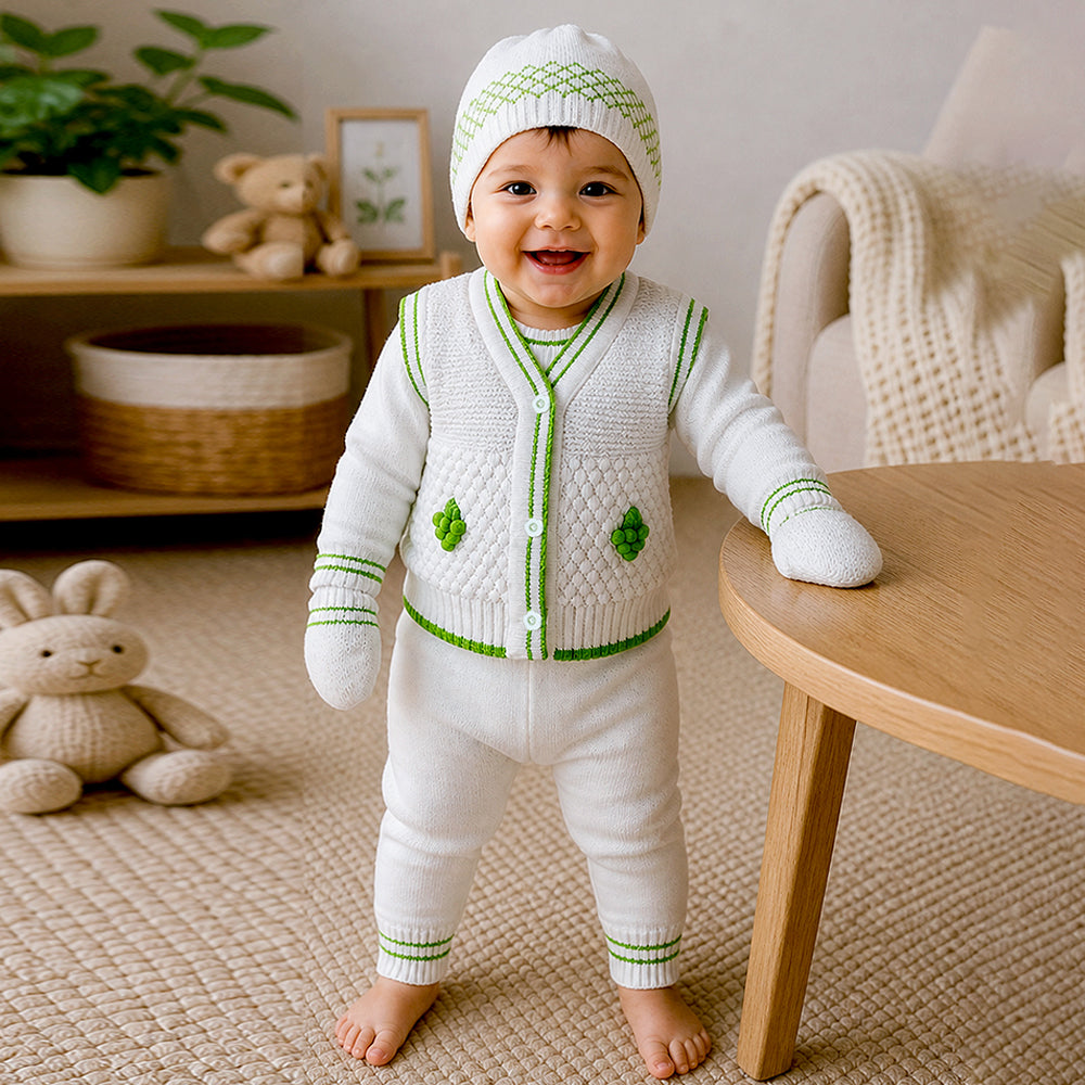 6 PCS Grape Green & Ivory  Premium Knitted Winter Clothing Set for Baby