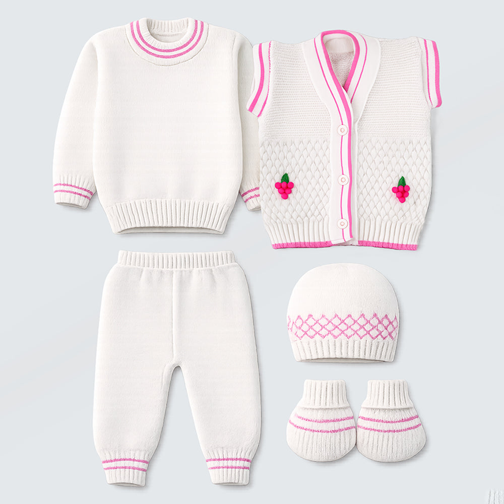 6PCS Grape Pink &  Ivory Premium Knitted Winter Clothing Set for Baby