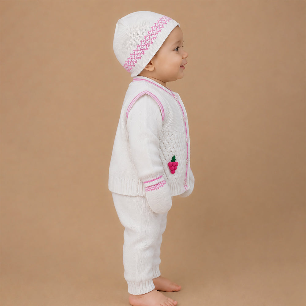 6PCS Grape Pink &  Ivory Premium Knitted Winter Clothing Set for Baby