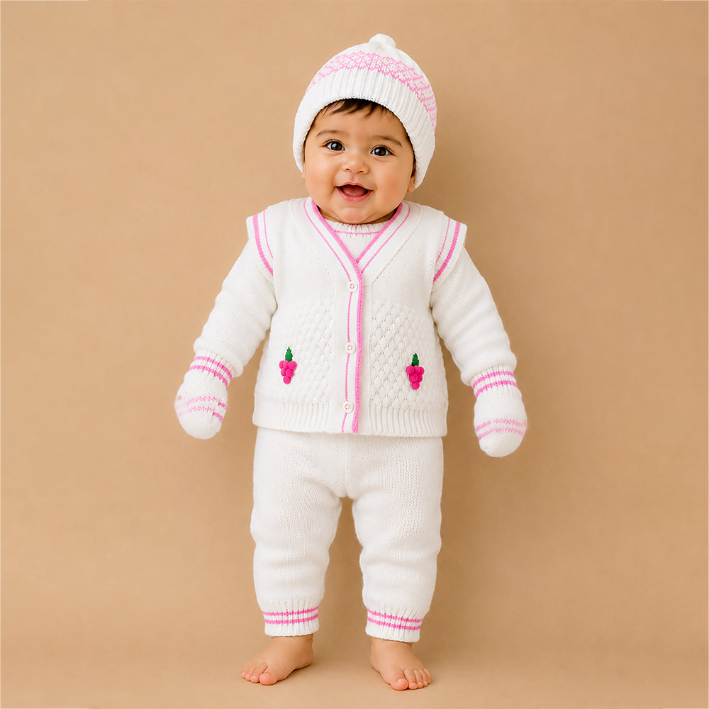 6PCS Grape Pink &  Ivory Premium Knitted Winter Clothing Set for Baby