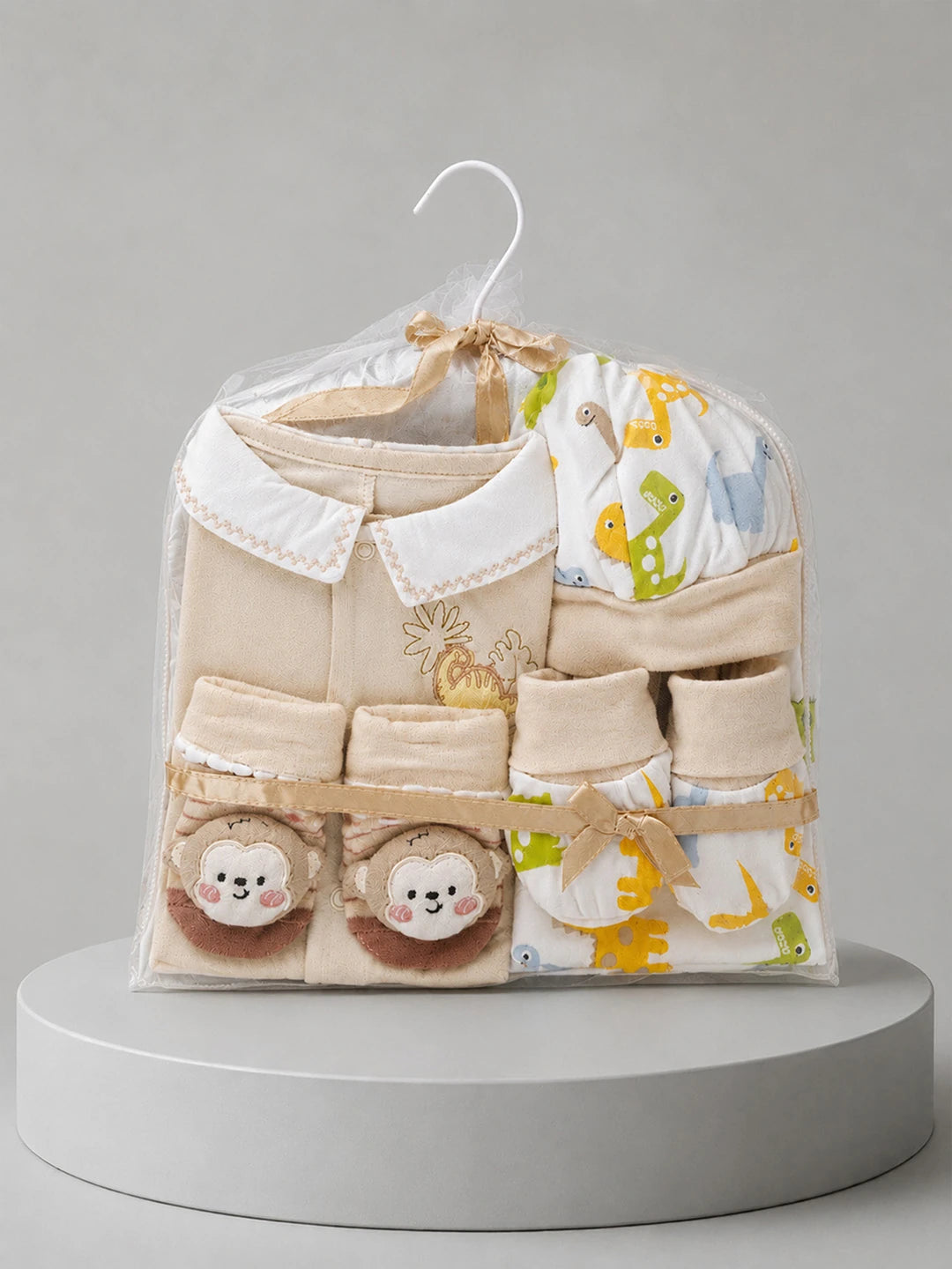 9 Pcs Beige Animals print Newborn Baby All Season Wear, Net Gift Hamper set, 0-6 months