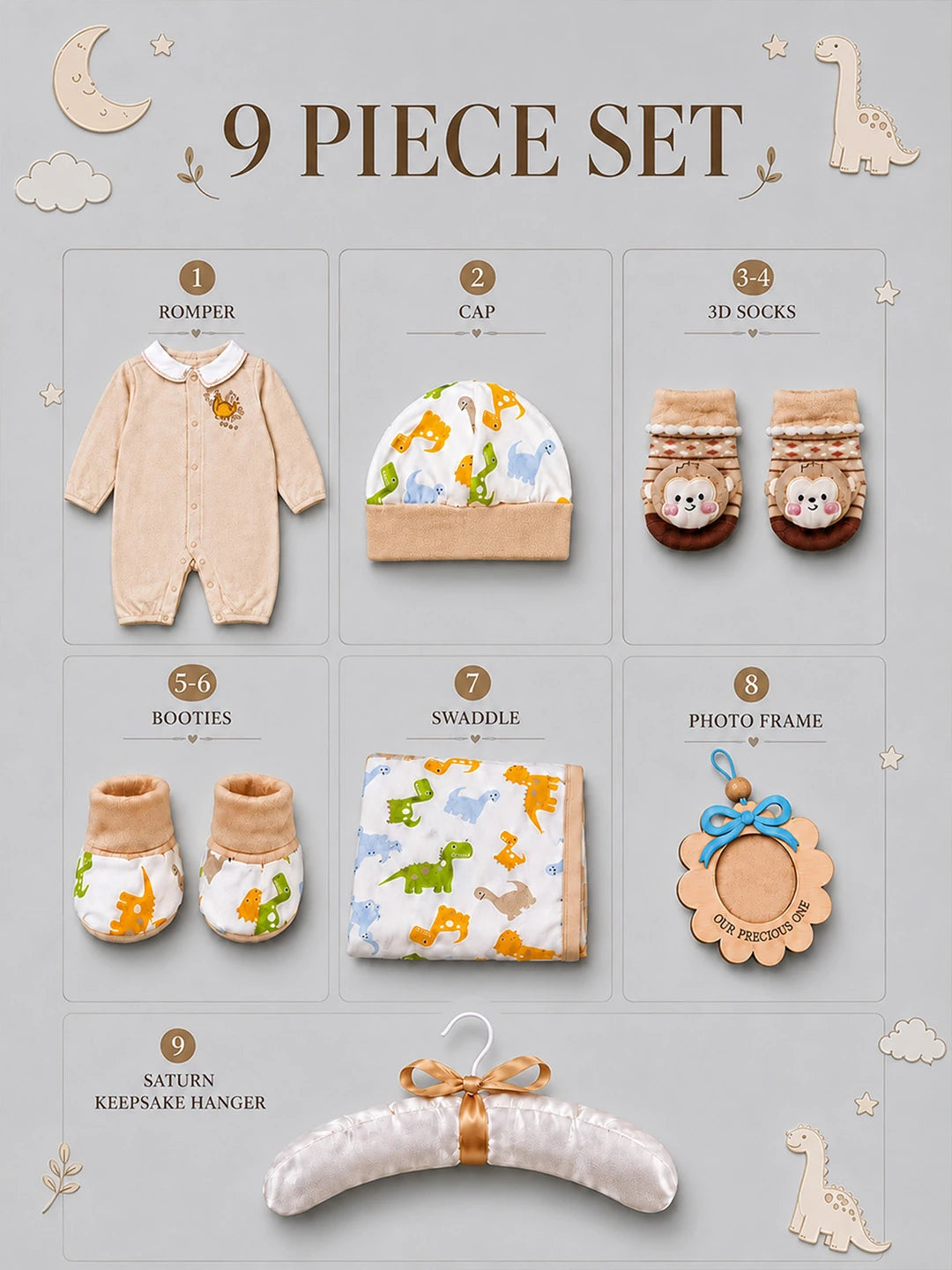 9 Pcs Beige Animals print Newborn Baby All Season Wear, Net Gift Hamper set, 0-6 months