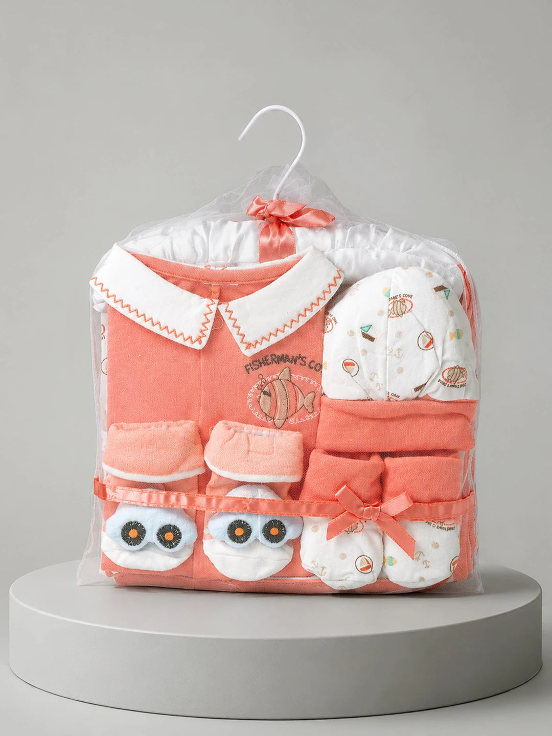 9 Pcs Peach Fishy Print Newborn Baby All Season Wear, Net Gift Hamper set, 0-6 months