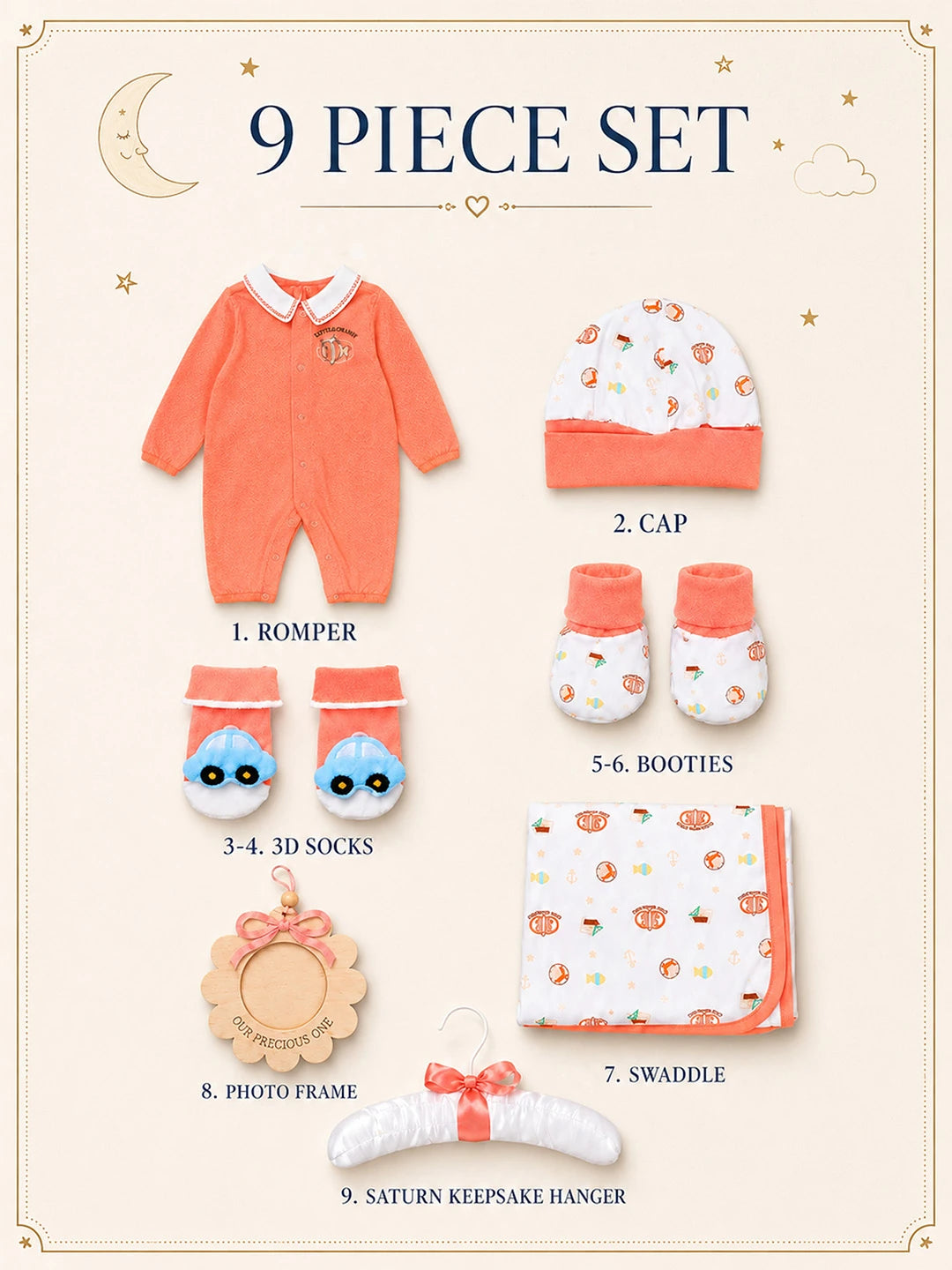 9 Pcs Peach Fishy Print Newborn Baby All Season Wear, Net Gift Hamper set, 0-6 months