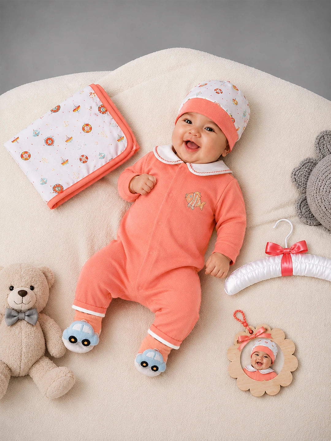 9 Pcs Peach Fishy Print Newborn Baby All Season Wear, Net Gift Hamper set, 0-6 months