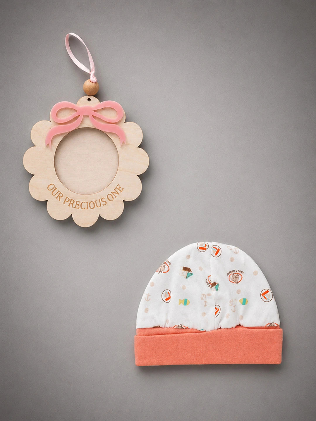 9 Pcs Peach Fishy Print Newborn Baby All Season Wear, Net Gift Hamper set, 0-6 months