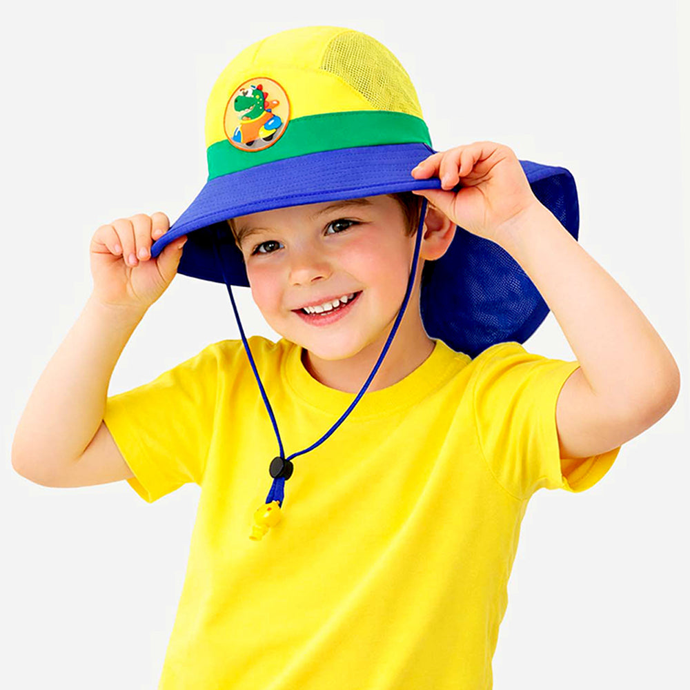 Blue & Yellow Dino Patch Breathable Mesh Wide Brim Sun Hat for Kids & Toddlers with Adjustable Strap
