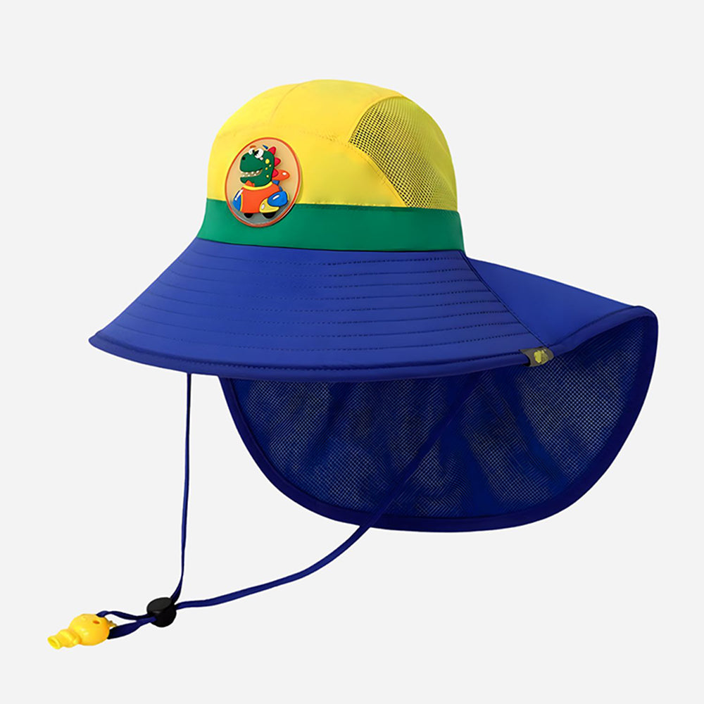 Blue & Yellow Dino Patch Breathable Mesh Wide Brim Sun Hat for Kids & Toddlers with Adjustable Strap