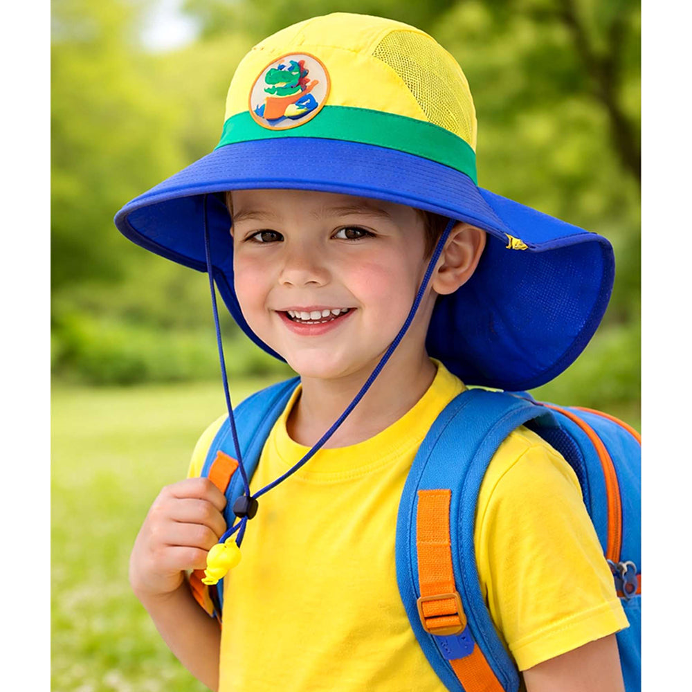 Blue & Yellow Dino Patch Breathable Mesh Wide Brim Sun Hat for Kids & Toddlers with Adjustable Strap