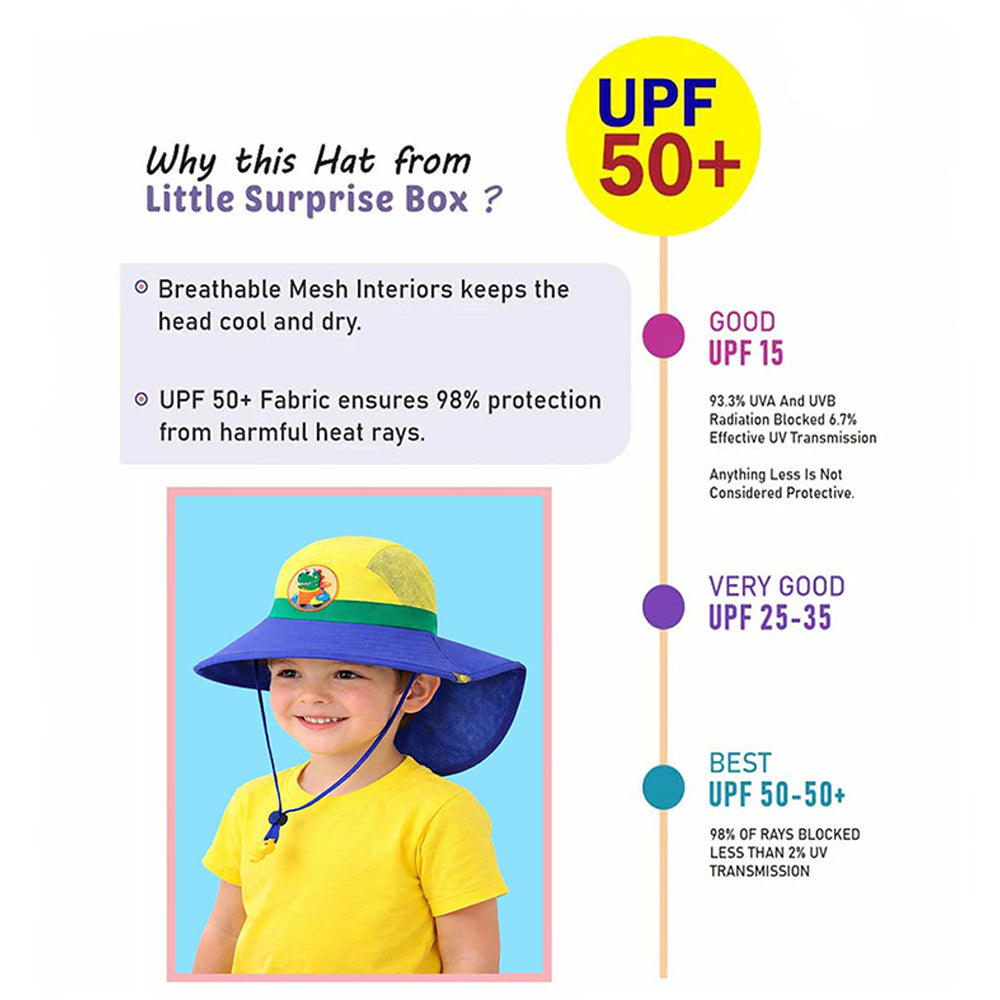 Blue & Yellow Dino Patch Breathable Mesh Wide Brim Sun Hat for Kids & Toddlers with Adjustable Strap