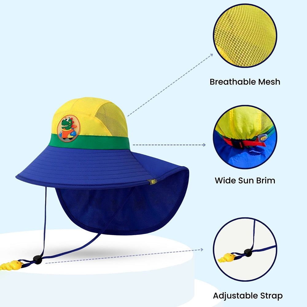 Blue & Yellow Dino Patch Breathable Mesh Wide Brim Sun Hat for Kids & Toddlers with Adjustable Strap