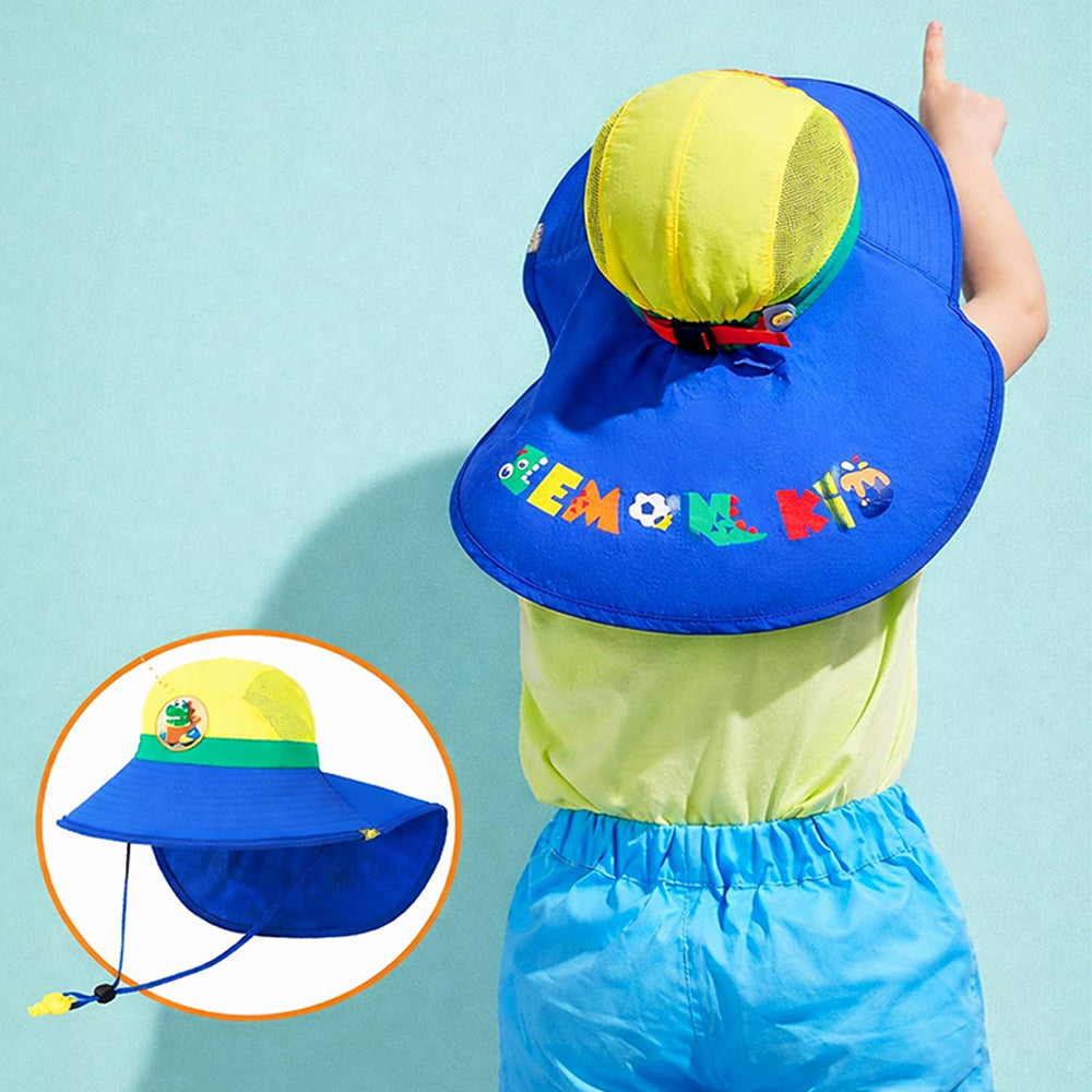 Blue & Yellow Dino Patch Breathable Mesh Wide Brim Sun Hat for Kids & Toddlers with Adjustable Strap