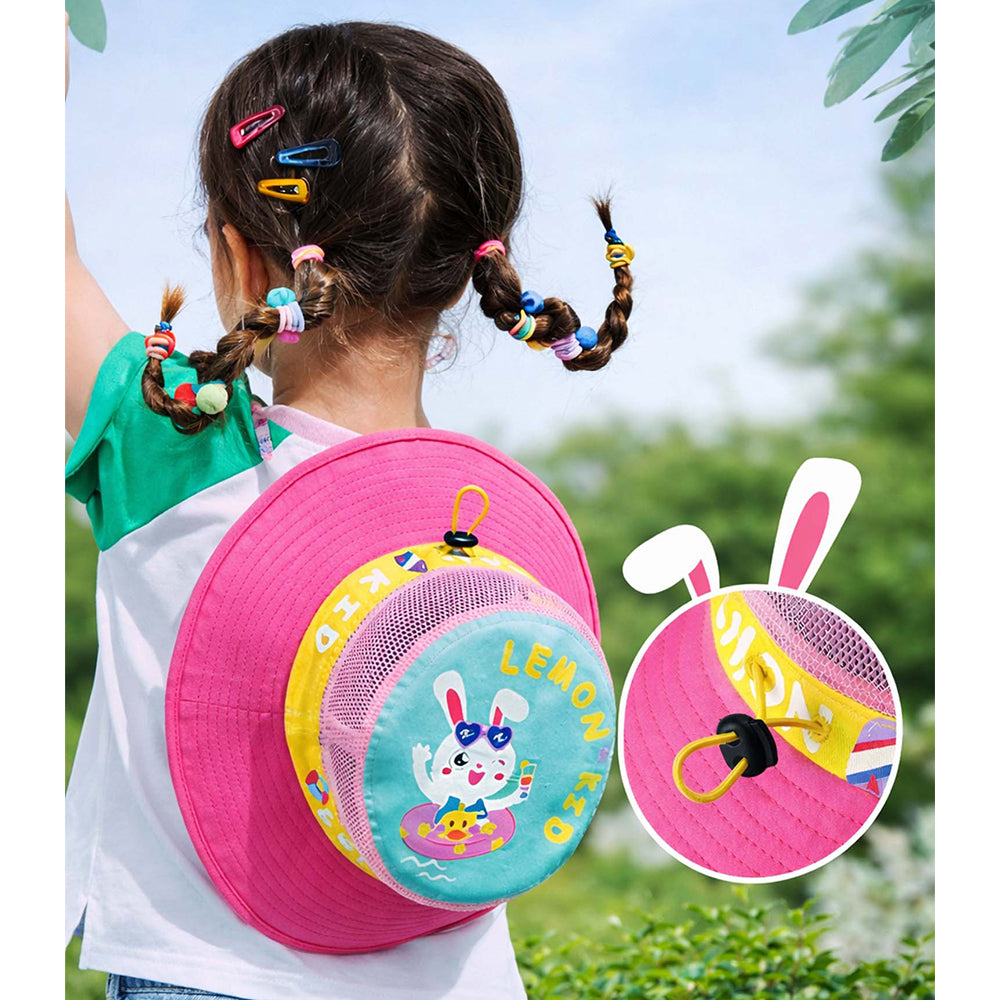 Pink Bunny Print Breathable Mesh Wide Brim Sun Hat for Kids & Toddlers with Adjustable Strap