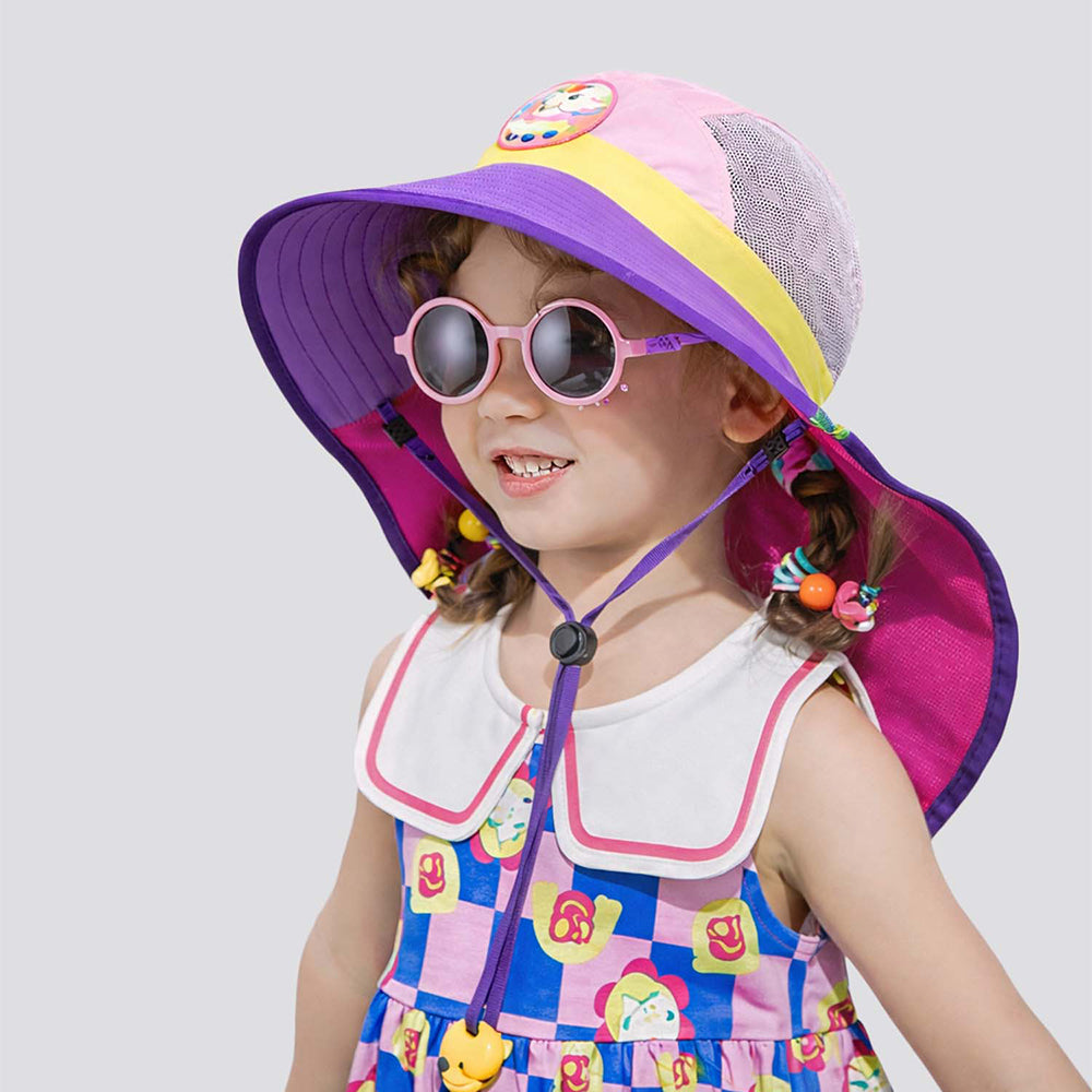 Purple & Pink Unicorn Patch Breathable Mesh Wide Brim Sun Hat for Kids & Toddlers with Adjustable Strap
