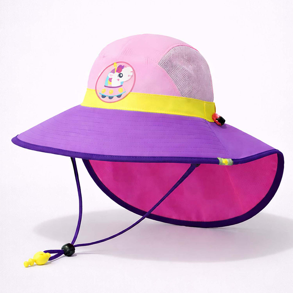 Purple & Pink Unicorn Patch Breathable Mesh Wide Brim Sun Hat for Kids & Toddlers with Adjustable Strap
