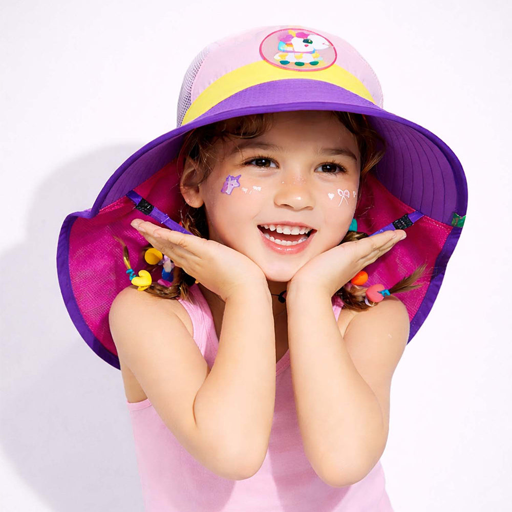 Purple & Pink Unicorn Patch Breathable Mesh Wide Brim Sun Hat for Kids & Toddlers with Adjustable Strap