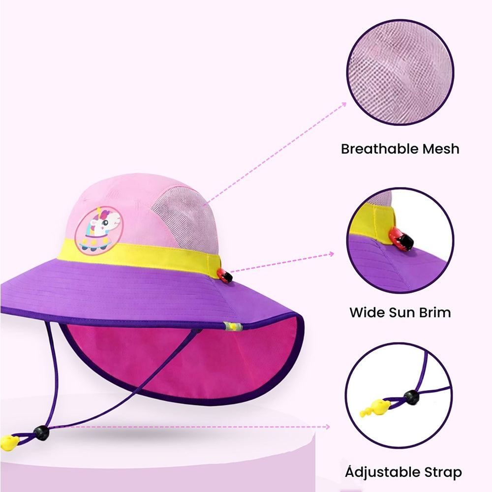 Purple & Pink Unicorn Patch Breathable Mesh Wide Brim Sun Hat for Kids & Toddlers with Adjustable Strap