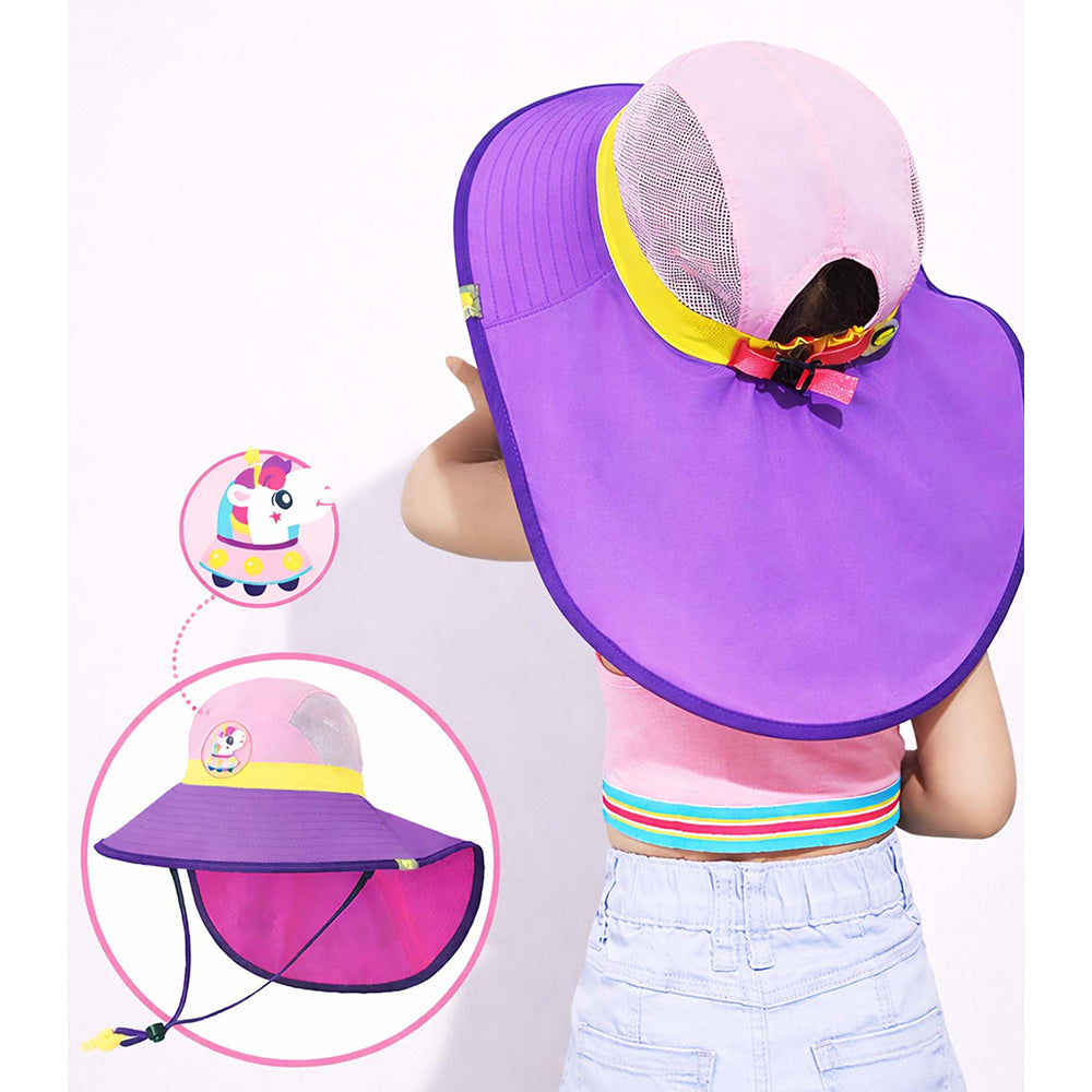 Purple & Pink Unicorn Patch Breathable Mesh Wide Brim Sun Hat for Kids & Toddlers with Adjustable Strap