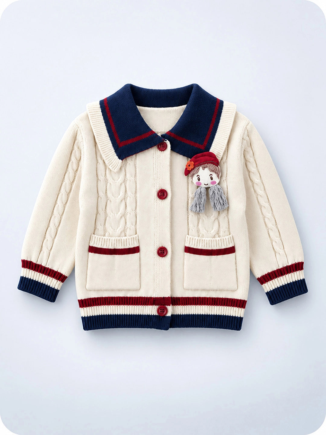 Dusty Beige Cable-Knit Sailor Collar Winter Cardigan Sweater with Detachable Doll Clip for Girls