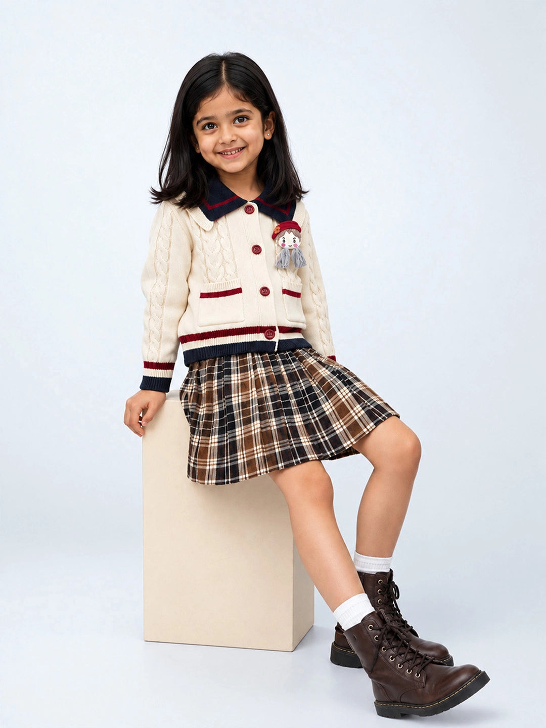 Dusty Beige Cable-Knit Sailor Collar Winter Cardigan Sweater with Detachable Doll Clip for Girls