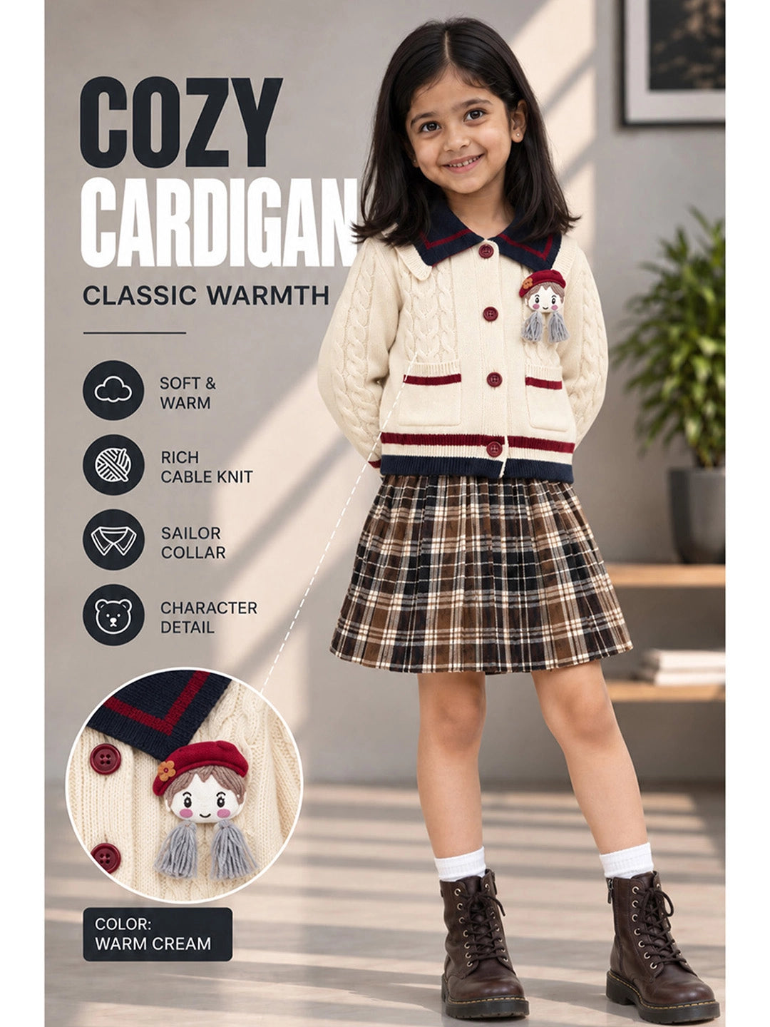 Dusty Beige Cable-Knit Sailor Collar Winter Cardigan Sweater with Detachable Doll Clip for Girls