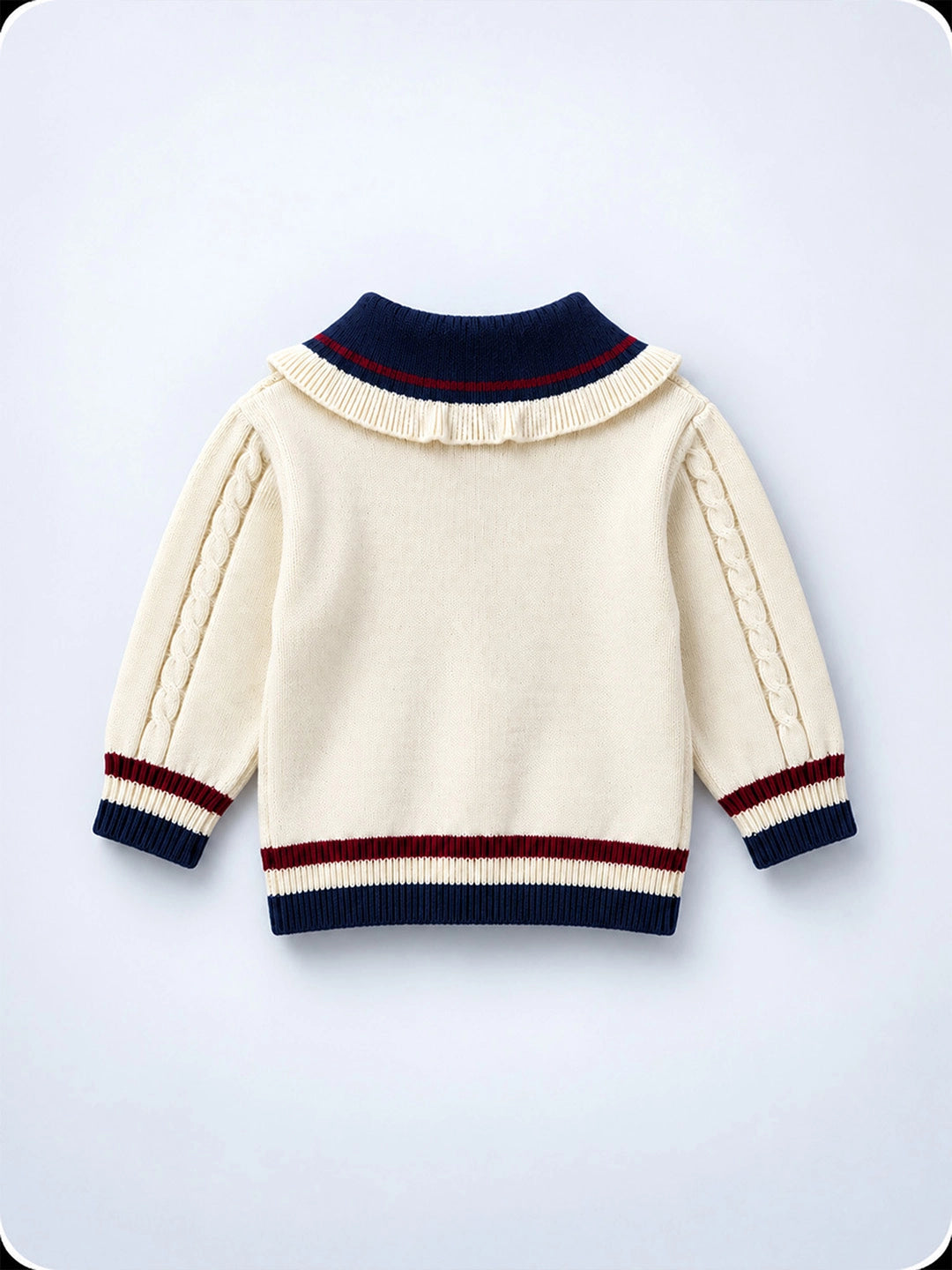 Dusty Beige Cable-Knit Sailor Collar Winter Cardigan Sweater with Detachable Doll Clip for Girls