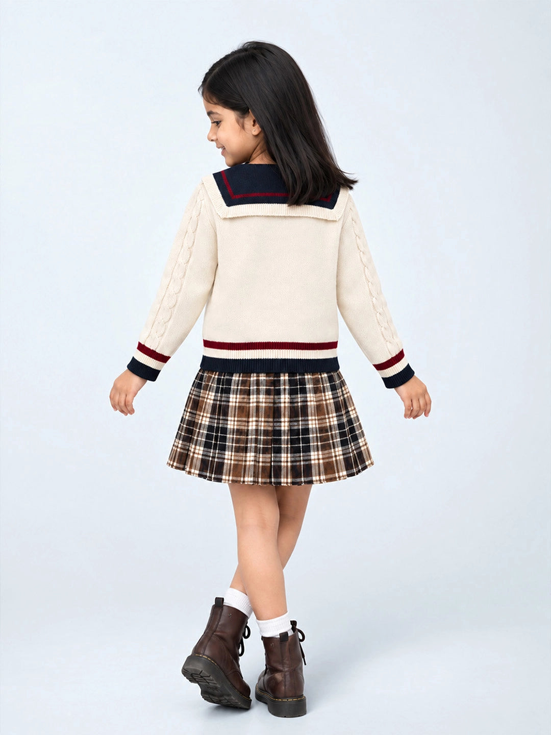 Dusty Beige Cable-Knit Sailor Collar Winter Cardigan Sweater with Detachable Doll Clip for Girls