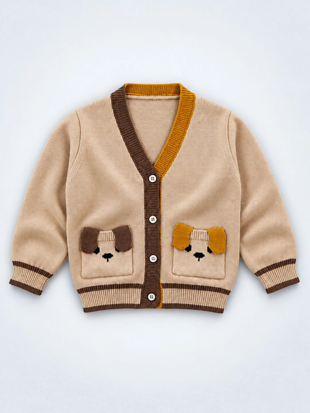 Beige V-Neck Puppy Pocket V Neck Winter Cardigan Sweater for Kids