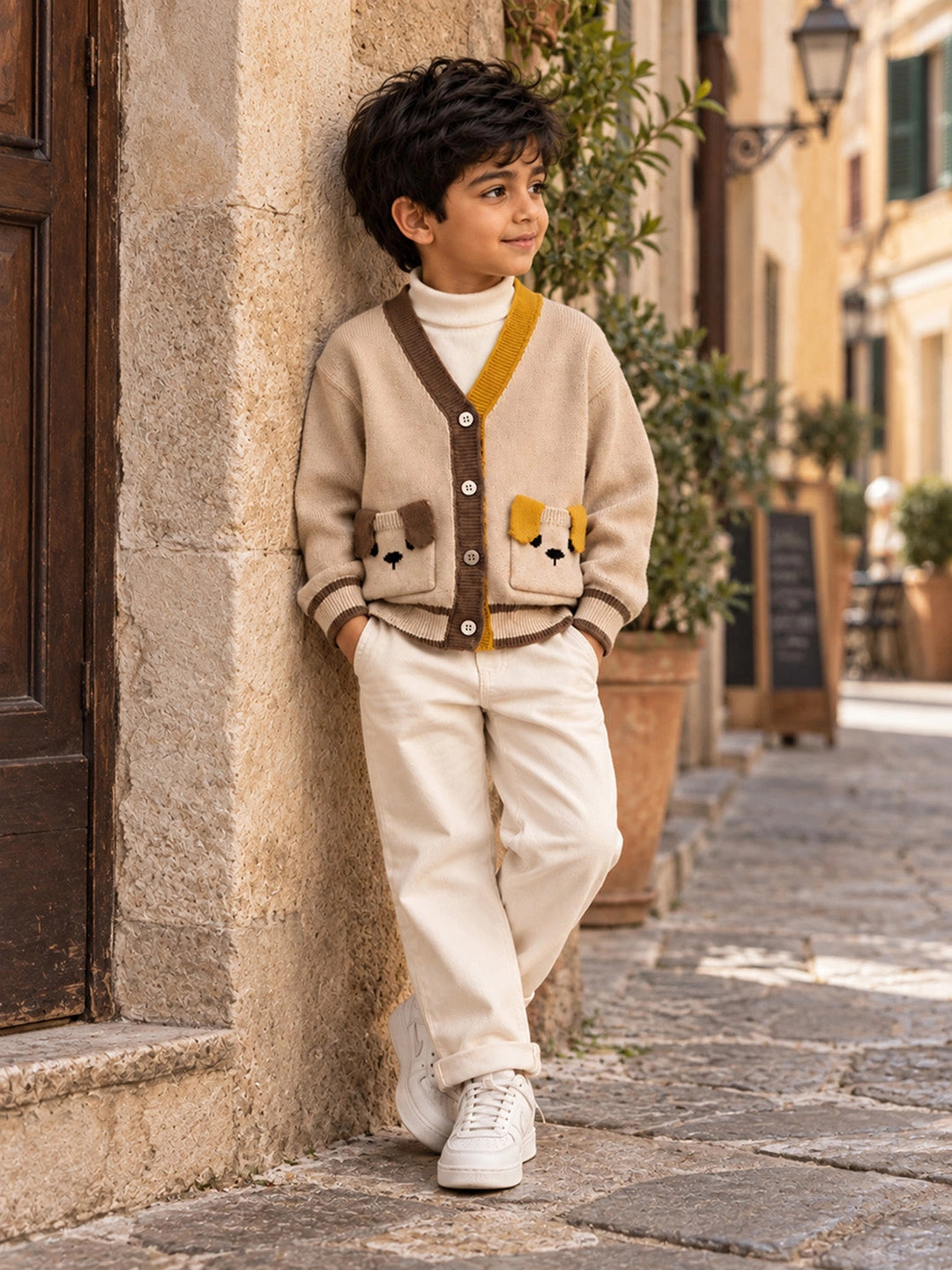 Beige V-Neck Puppy Pocket V Neck Winter Cardigan Sweater for Kids