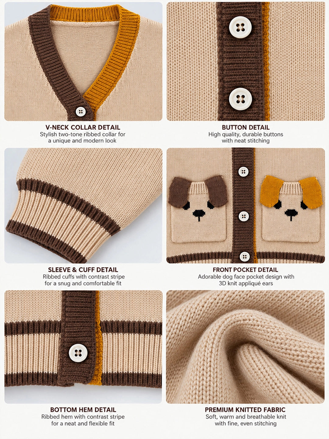 Beige V-Neck Puppy Pocket V Neck Winter Cardigan Sweater for Kids