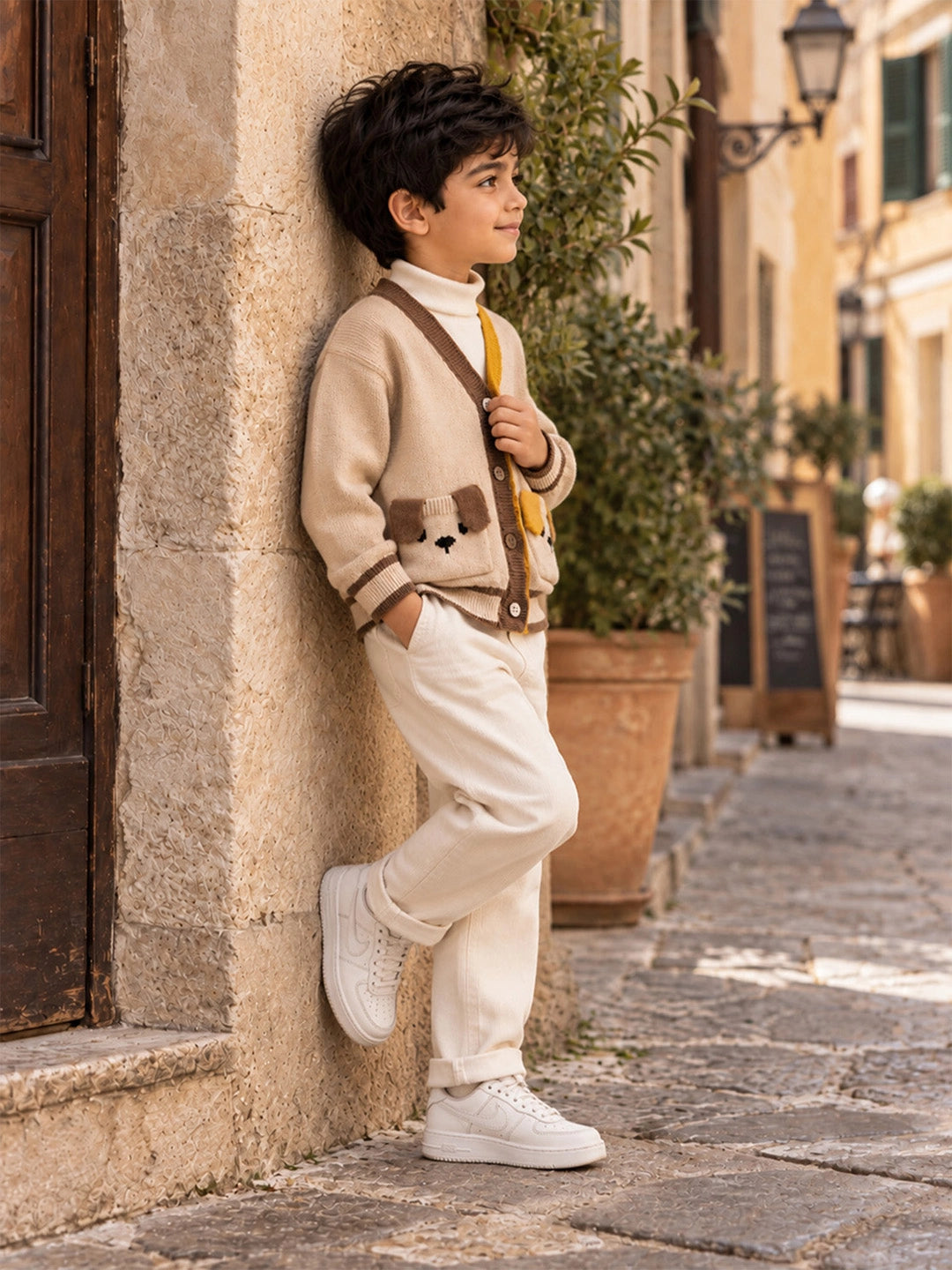 Beige V-Neck Puppy Pocket V Neck Winter Cardigan Sweater for Kids