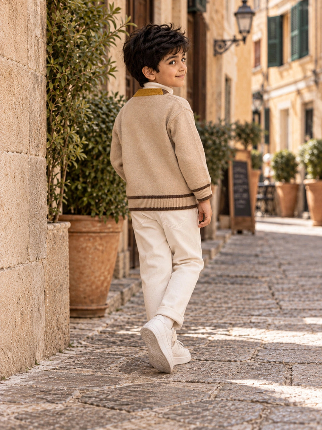 Beige V-Neck Puppy Pocket V Neck Winter Cardigan Sweater for Kids